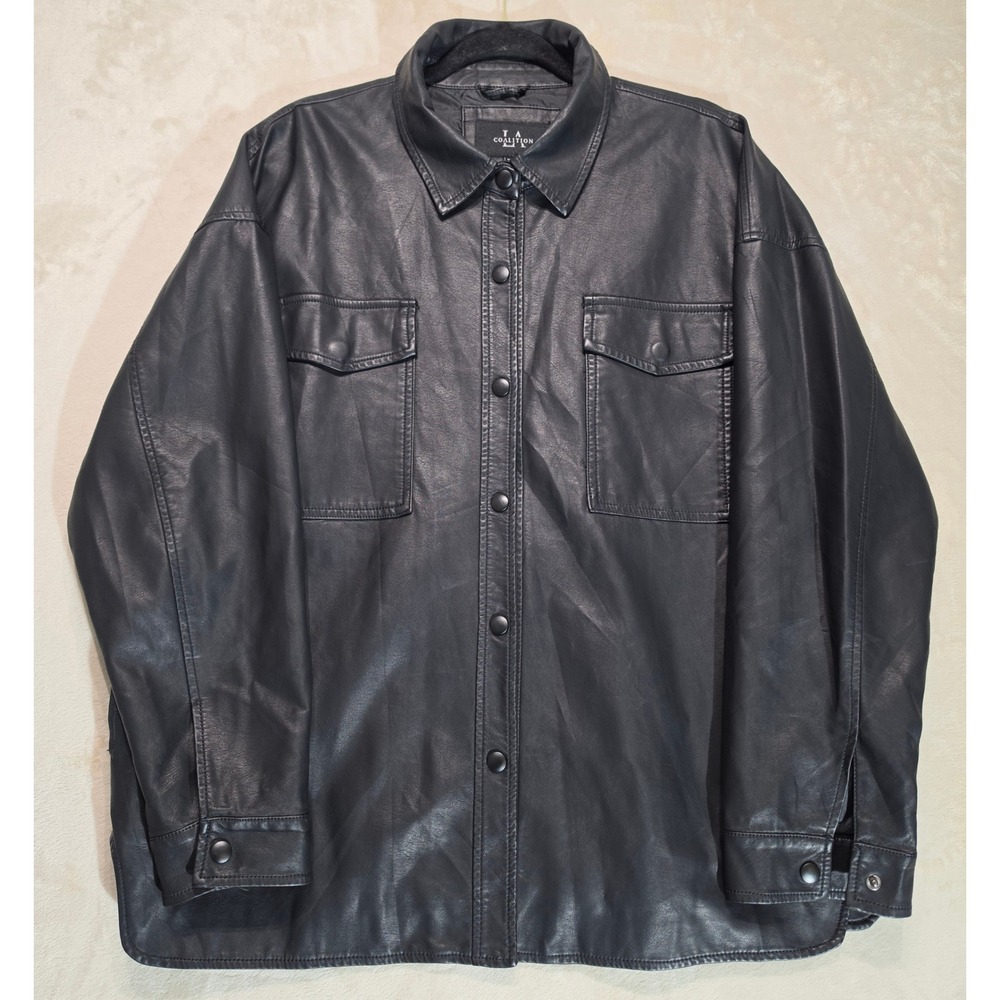 LA Coalition Black Faux Leather Shacket Oversized Snap Button Jacket‎ XL L118F1